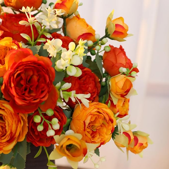 Floweroyal 4 Bunches Peony Artificial Flowers Orange Yellow Flowers Silk Peonies Bouquets for Wedding Party Table Centerpieces Floral Arrangement Home Kitchen Decor