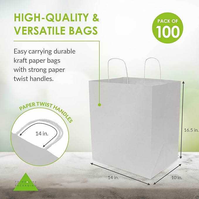 Prime Line Packaging White Gift Bags, Kraft Paper Bags Large with Handles for Small Business, Boutiques, Merchandise, Party Favors, Bulk, 14x10x16.5, 50 Pack