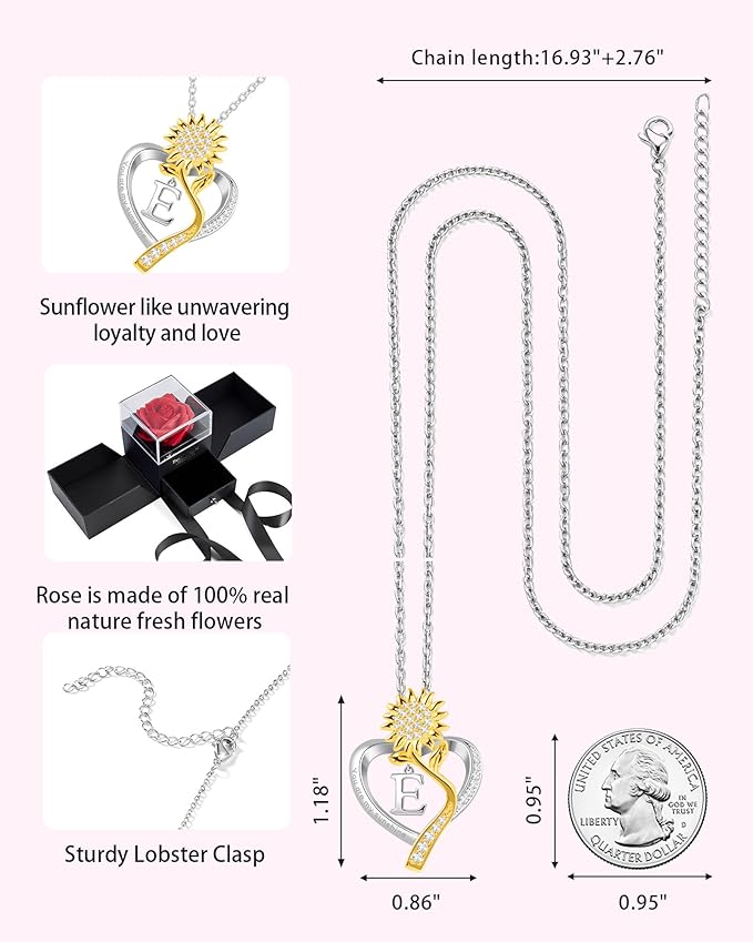 Birthday Gifts for Women Preserved Real Rose with Sunflower Initial Necklace - Birthday Gifts for Women Her Mom Wife on Valentines Mothers Day Christmas Anniversary Romantic with Pendant E