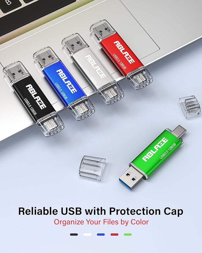 ABLAZE USB C Flash Drive 128GB 2 Pack, Dual USB 3.0+Type C Flash Drive Compatible with iPhone 16/15, Android Smartphone, Computer,Tablet Mac Laptop (2 Pack)