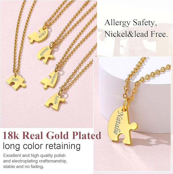 FindChic Personalized Matching BFF Necklace for 2/3/4/5/6 Puzzle Name Heart Pendant Stainless Steel Couple Necklace Set Customized Necklaces for Teen Girls