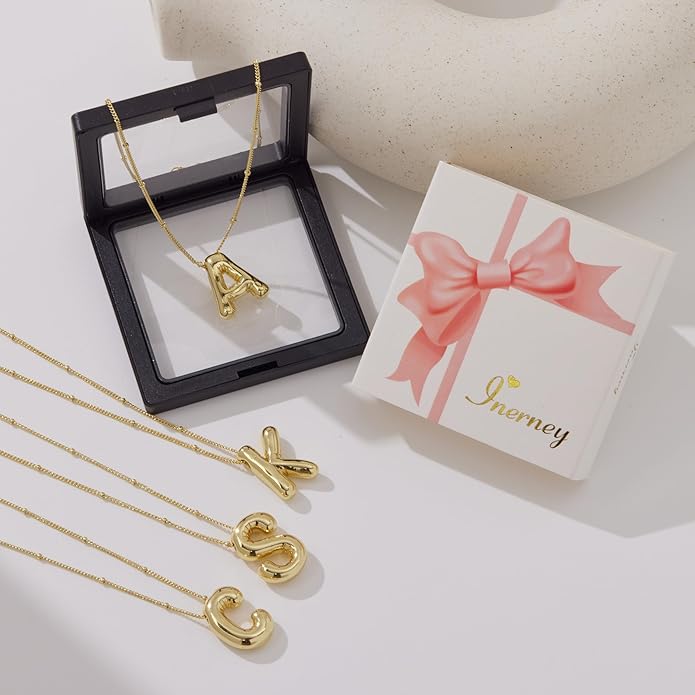 Inerney Valentines Day Gifts Gold Bubble Letter Necklace Initial Necklaces for Women, Chunky 14K Plated Balloon Initials, Trendy Charm Non Tarnish Custom Name Pendant Jewelry Gifts for Mom