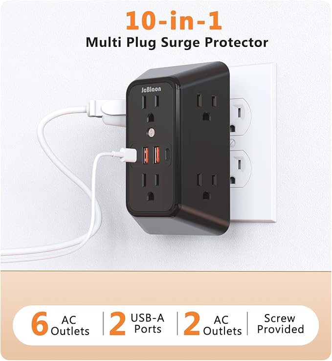 Surge Protector Outlet Extender, 6 Outlet Extender with 4 USB Charging Ports (2 USB C), 3 Sided Multi Plug Wall Adapter for Home, Office, Travel-2 Pack,Black