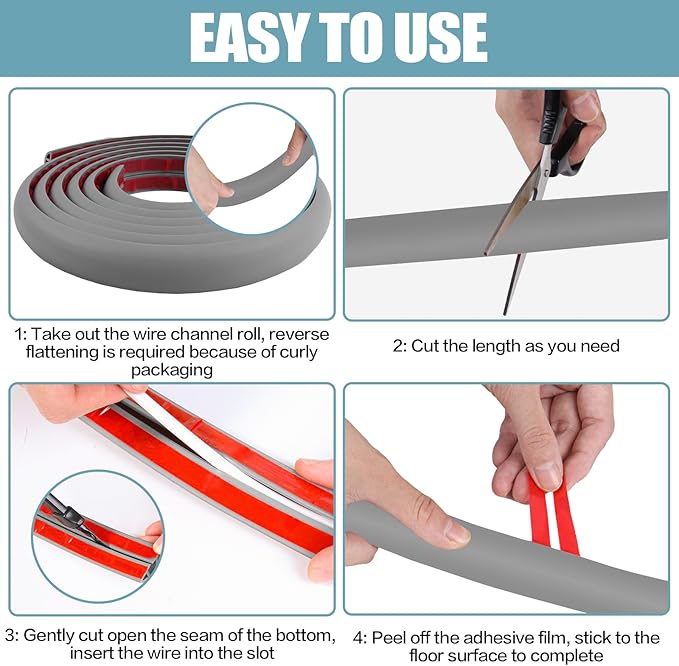 Floor Cord Cover Self Adhesive Cord Hider,10FT Cable Management, Extension Strip Protector for Wires, Prevent Cable Trips for Offices, Gyms, Exhibitions Cavity:0.51"(W) x 0.3"(H) Gray