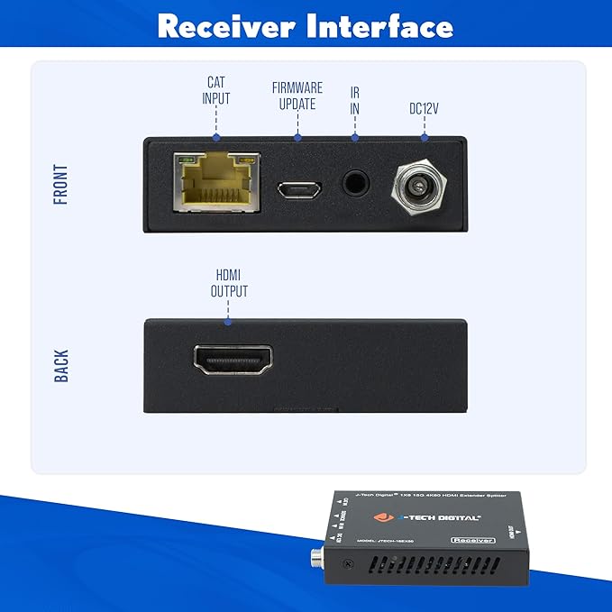 J-Tech Digital HDMI 2.0 4K Extender Splitter Over Single Cable CAT6 with PoC Up to 196 FT 1-in 8-Out w/Local Loop Output & Low Latency [JTECH-18EX50]