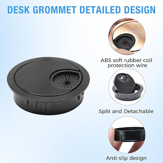 Desk Grommet 2-3/8" (60 mm), Desk Cord Hole Cover, Cable Grommet Metal Zinc Alloy Materilal, Desk Hole Grommet for Office and Home Table Cable, Detachable Cable Cord Organizer (Flat Black 2 Pcs)