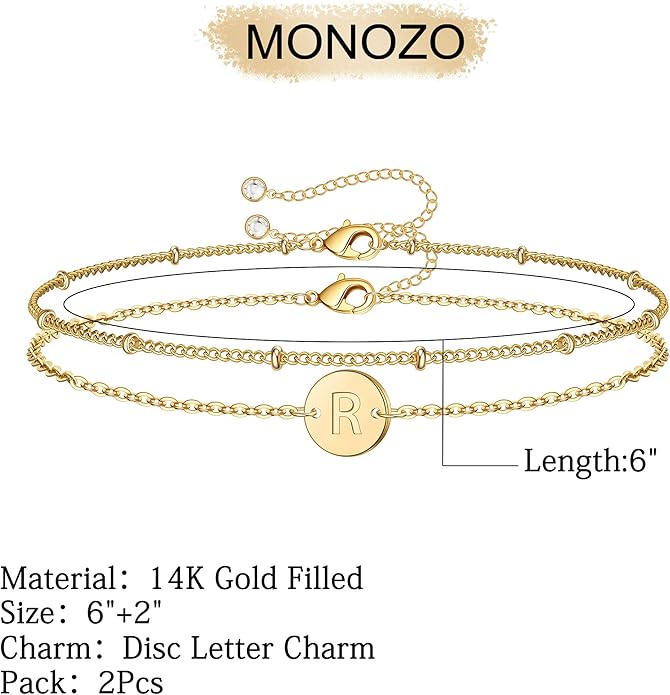MONOZO Gold Initial Bracelets for Women Girls Valentines Day Gifts - Dainty 14K Gold Plated Layered Beaded Letter Initial Bracelet 26 Alphabet Disc Monogram Charm Bracelet Valentines Day Gifts for Her