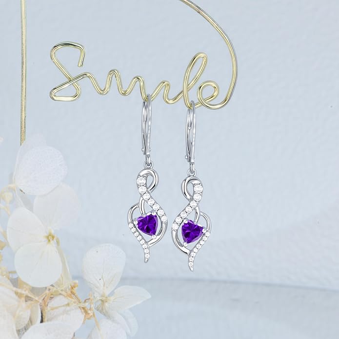 Infinity Heart Dangle Drop Earrings for Women, 925 Sterling Silver Birthstone Leverback Earrings, Birthday Anniversary Valentines Day Jewelry Gifts for Women Mom Her