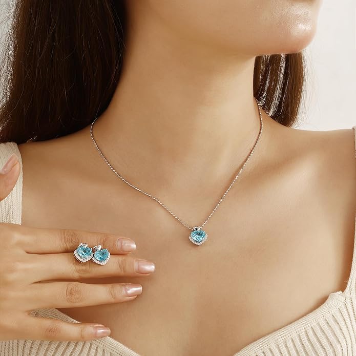 Love Heart Necklaces and Earrings with Rose Cut Birthstone Silver Plated Elegant Jewelry Set for Women CS0002