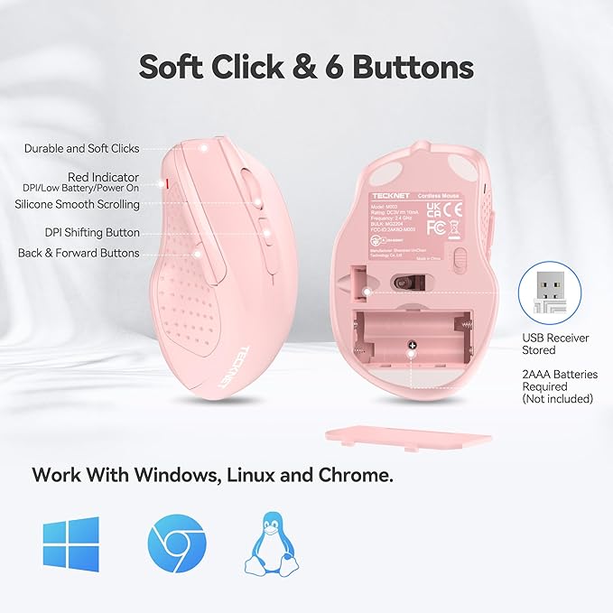 TECKNET Wireless Mouse, 2.4G Ergonomic Optical Mouse, Computer Mouse for Laptop, PC, Computer, Chromebook, Notebook, 6 Buttons, 24 Months Battery Life, 4000 DPI, 6 Adjustment Levels