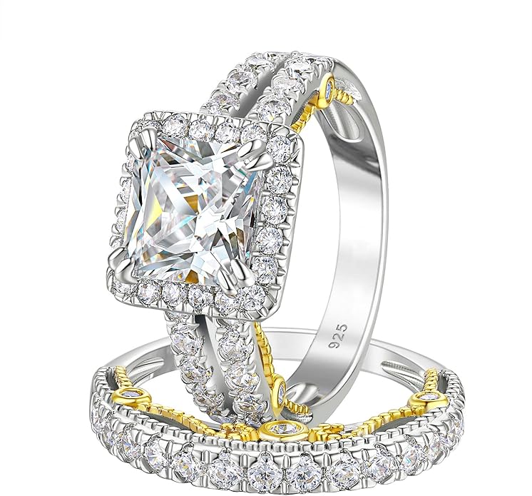 Wuziwen Princess Cut Engagement Rings for Women Sterling Silver Cubic Zirconia Wedding Bridal Ring Set