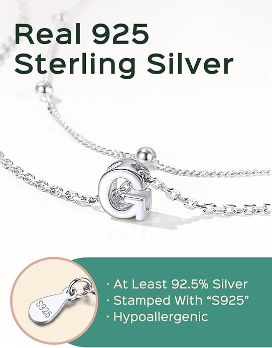 ChicSilver Layered Initial Necklace for Women, 925 Sterling Silver Personalized Letter A-Z Pendant Necklaces, Hypoallergenic Silver Choker with Adjustable 16" Rolo Chain, Dainty Birthday jewelry