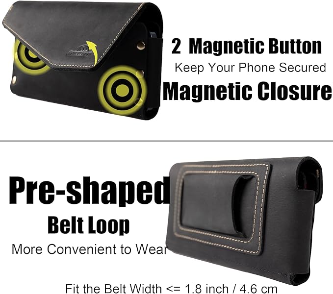 topstache Leather Phone Holster with Belt Loop, Magnetic Closure Cell Case Card Holder Wallet,Leather Pouch for iPhone 14 Pro,Galaxy S23(Fits Otterbox on) L,Black, Belt Loop-Black (C0403)