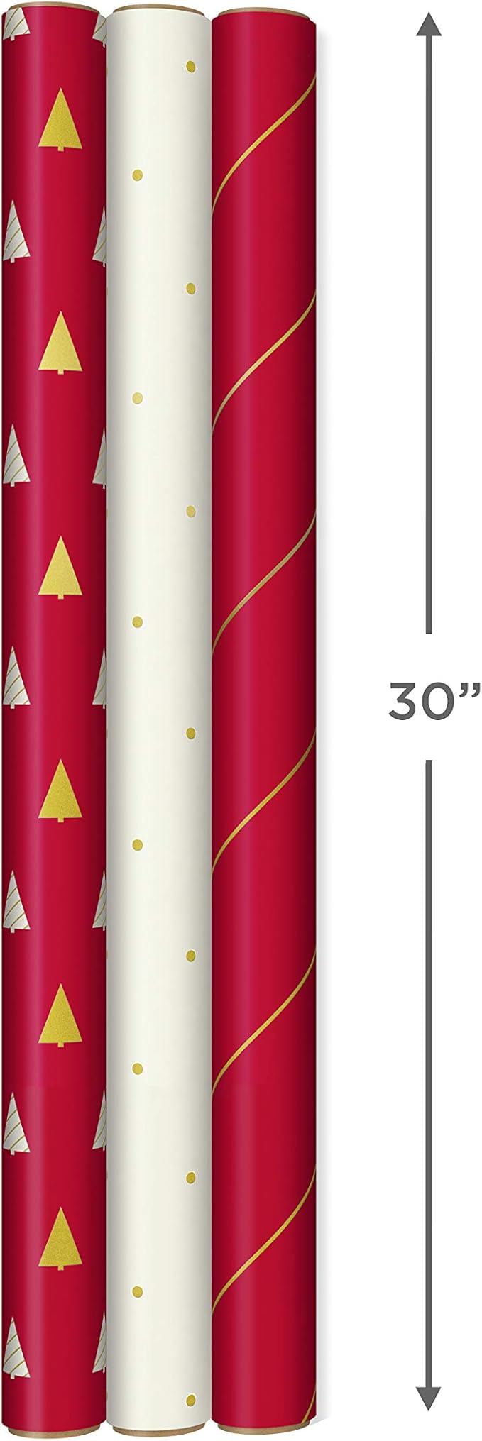 Hallmark Minimalist Christmas Wrapping Paper with Cut Lines on Reverse (3 Rolls: 120 sq. ft. ttl) Red, White, Gold Trees, Stripes, Dots