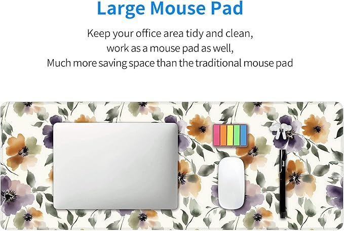 Watercolor Floral Large Mouse Pad,Gaming Keyboard Desk Pad,Extended Mouse Mat Non-Slip Rubber Base with Stitched Edges for Office Game Home XL 31.5"x11.8"