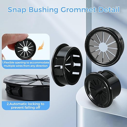 4 Pcs Cable Grommet, Snap Bushing 2-15/16" (75 mm) Mounting Diameter, Flexible Petal-Shaped Buckle Round Nylon Desk Grommet for Wires Through Countertop Cord Organizer and Protection, Black