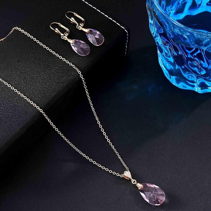EVEVIC Austrian Crystals Teardrop Pendant Necklace Earrings for Women 14K Gold Plated Hypoallergenic Leverback Drop Dangle Earrings Jewelry Set
