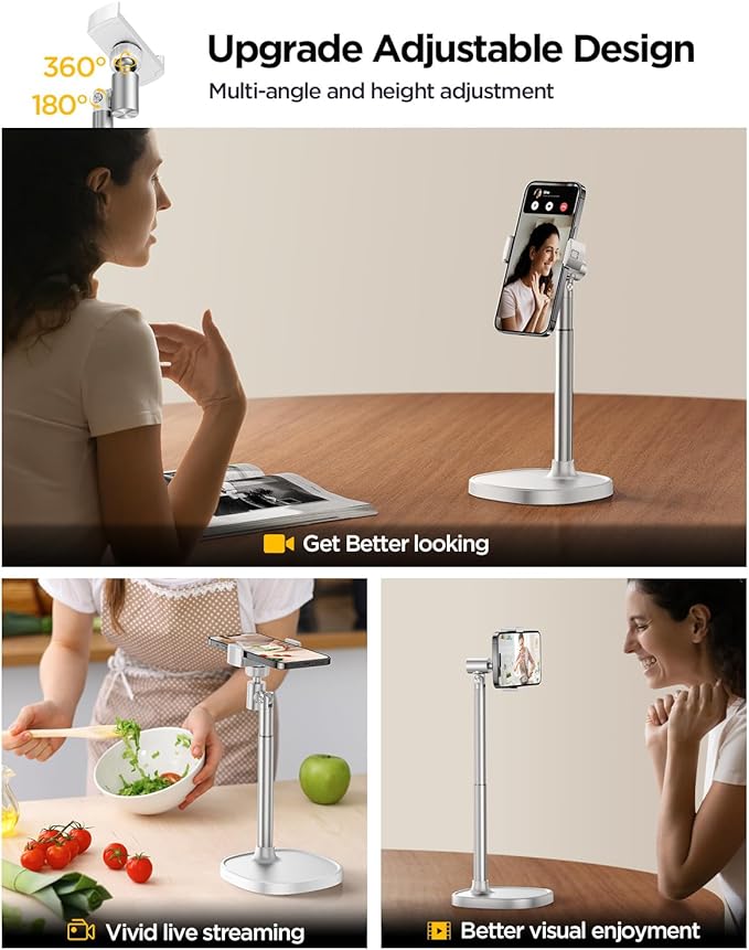 DIMONCOAT Adjustable Aluminum Alloy Cell Phone Stand - White, Universal Compatibility with 4-7 inch Devices, 180° Flip & 360° Rotation