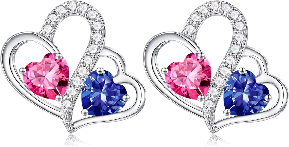 Iefil Valentines Day Gifts for Her - Birthstone Earrings Gift for Women, 925 Sterling Silver Double Heart Birthstone Earrings | Anniversary Birthday Gifts for Women, Personalized Jewelry for Wife Mom