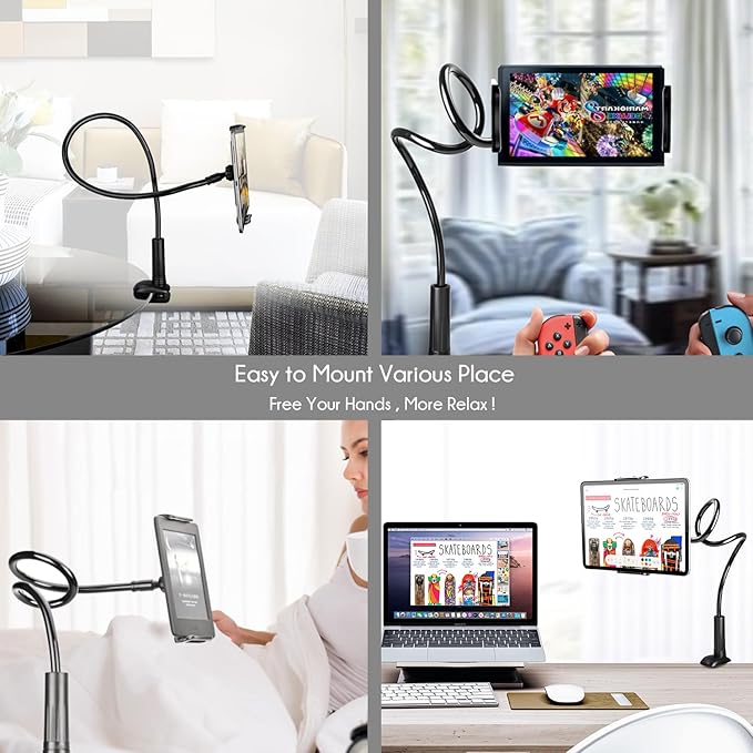 Gooseneck Tablet Phone Holder | Kindle Stand Holder for Bed | 33in Flexible Long Arm Clamp Clip Mount for iPhone, iPad, Switch, Galaxy Tabs, Kindle Fire, 4.7''-11'' Tablet Devices