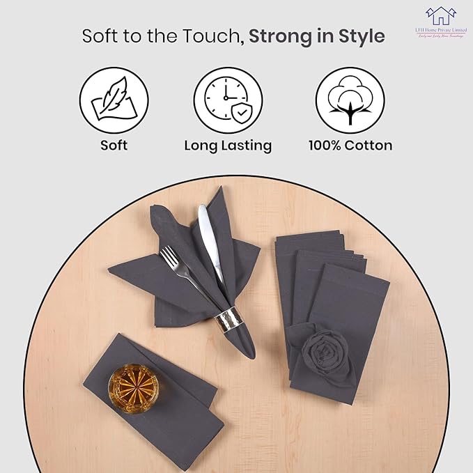 LFH Home Cotton Rich Metered Napkins for Dining Table Set of 12, Elegant Cloth Napkins for Wedding Party or Everyday Use Machine Washable Durable Reusable and Soft for Hosting 18x18 Inch - Charcoal