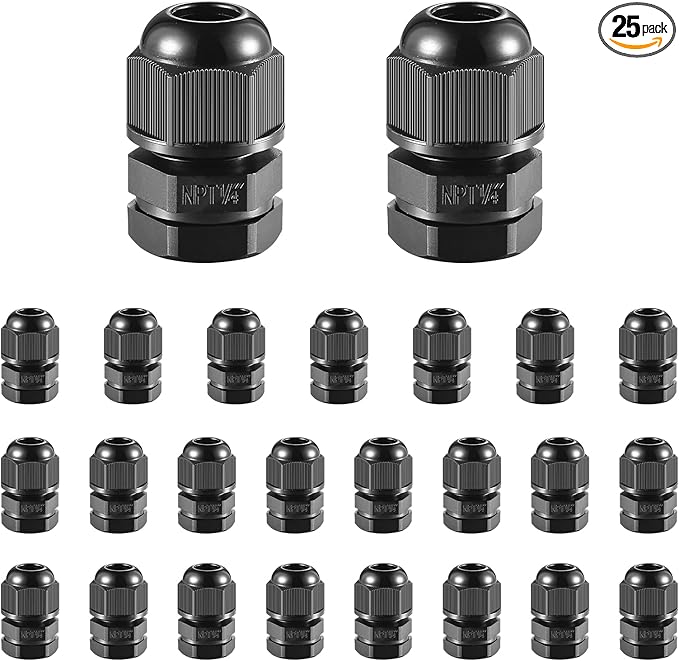 25 PCS 1/4"(4-8mm) NPT Nylon Cable Gland Joints with Gaskets, IP68 Adjustable Lock Nut Strain Relief Cord Grip Waterproof Cable Glands - UL Listed and RoHS Compliant