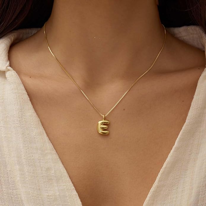 Bubble Gold Silver Letter Necklace Initial Necklaces for Women Trendy 14K Dainty Charm Pendant Name Necklace Personalized Jewelry Gift for Women Teen
