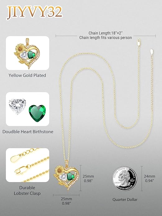 Sunflower Heart Necklace for Women 14K Gold Exquisite Valentines Day Anniversary Birthday Gifts for Wife Mother Her Double Birthstone Pendant Jewelry‘You Are My Sunshine’