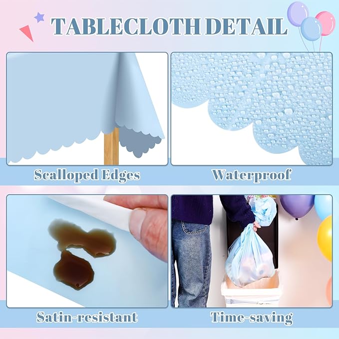 6 Pack Gender Reveal Plastic Tablecloth, 54 X 108 Inch Pink and Blue Disposable Scalloped Table Cloth for Rectangle Table Spring Tablecloth for Gender Reveal Baby Shower BBQ Picnic Birthday Party