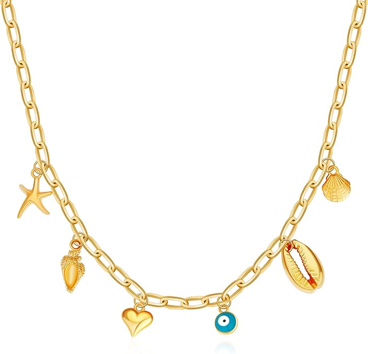 MISS RIGHT Dainty Gold Evil Eye Hamsa Hand Coin Lucky Charm Pendant Necklace for Women Trendy Vintage Paperclip Chain Sun Moon Clover Flower Chunky Charm Necklace Jewelry Gifts