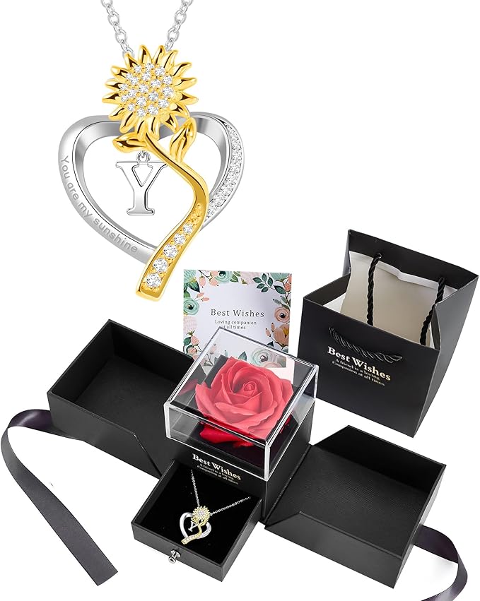 Birthday Gifts for Women Preserved Real Rose with Sunflower Initial Necklace - Birthday Gifts for Women Her Mom Wife on Valentines Mothers Day Christmas Anniversary Romantic with Pendant Y
