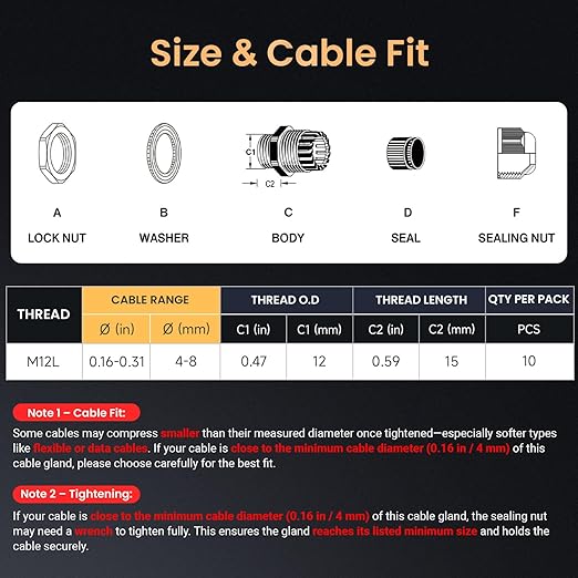 QILIPSU 10pcs M12L Long Thread Cable Gland Waterproof IP68 Nylon Strain Relief Cord Grip Cable Pass Through Wire Connector