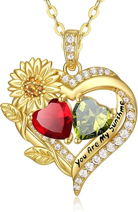 Sunflower Heart Necklace for Women 14K Gold Exquisite Valentines Day Anniversary Birthday Gifts for Wife Mother Her Double Birthstone Pendant Jewelry‘You Are My Sunshine’