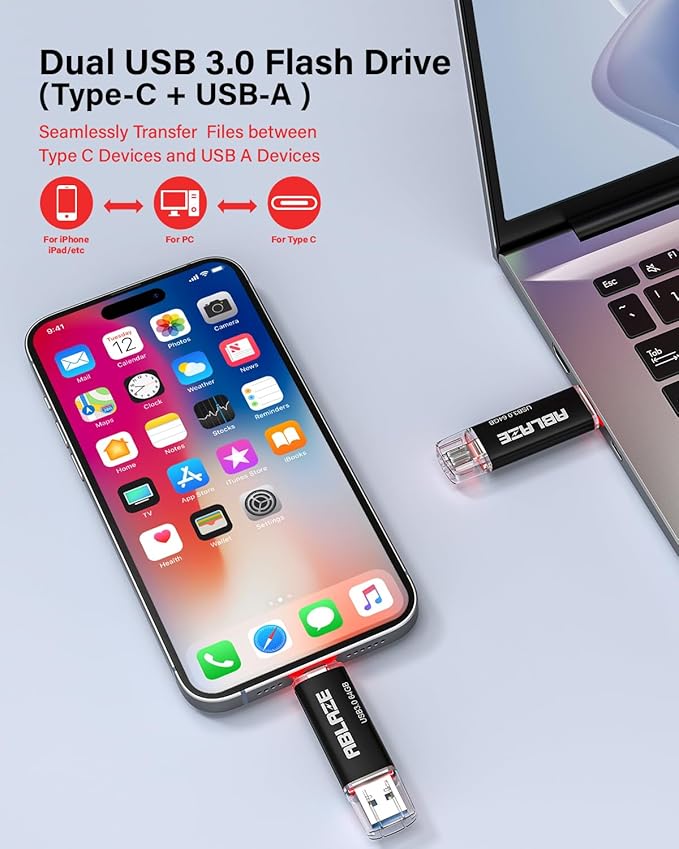 ABLAZE Type C Flash Drive 64GB, Dual USB 3.0+ USB C Flash Drive Compatible with iPhone 16/15,Android Smartphone,Computer,Tablet Mac Laptop