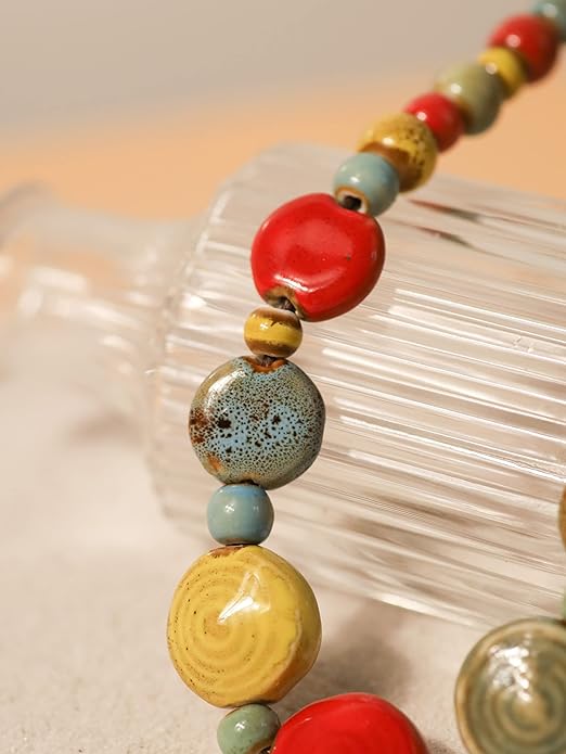 MINACHI Boho Hippie Round Ceramic Beads Strand Necklace, Vintage Bohemian Summer Beach Jewelry Gift for Women