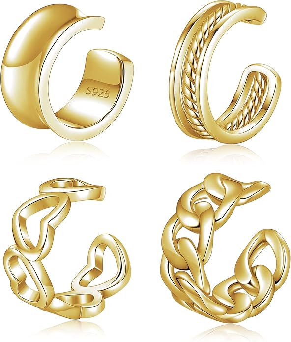 CHIC & ARTSY 925 Sterling Silver Ear Cuffs for Women, Non Piercing Clip On Cartilage Cuffs, Adjustable Fake Conch & Helix Earrings, Gold Plated & Oxidized Various Styles