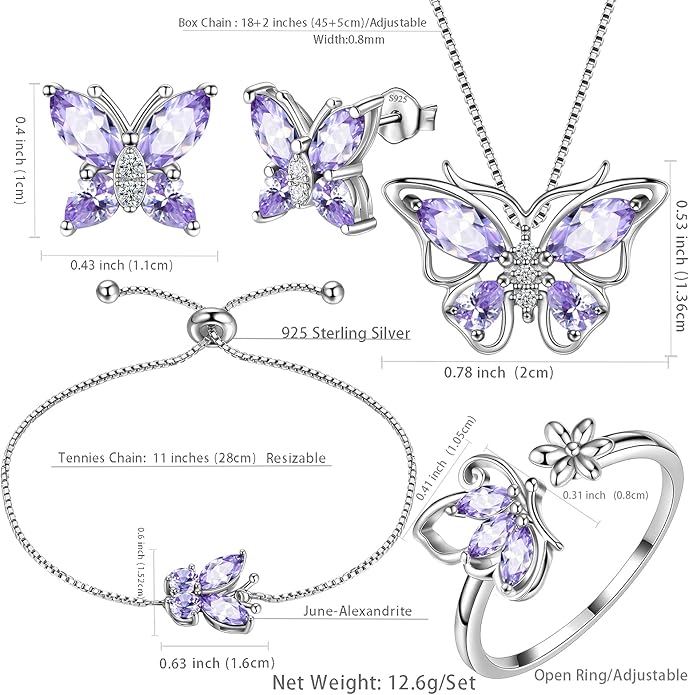 Aurora Tears Butterfly Jewelry,Women 925 Sterling Silver Butterflies Birthstone Pendant Necklace/Earrings/Rings Wedding Gift