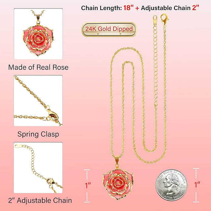 AliveRose Real Rose Gold Dipped Necklace Gifts for Women, 24K Gold Dipped Rose Pendant Necklace Jewelry Mothers Day Anniversaries Birthday Christmas Special Occasions Gifts for Her Mom Wife