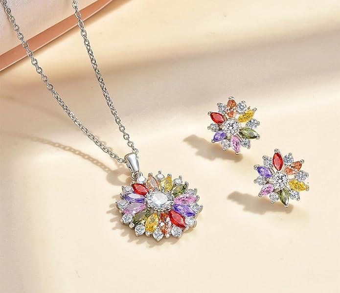 VONSSY Colorful Snowflake Pendant Necklace Earrings Rose Gold 5A Cubic Zirconia | Crystal Sweater Chain | Multi Gemstone Garnet Amethyst Morganite Peridot Prom Rhinestone Necklaces for Women Vintage Stylish Gift