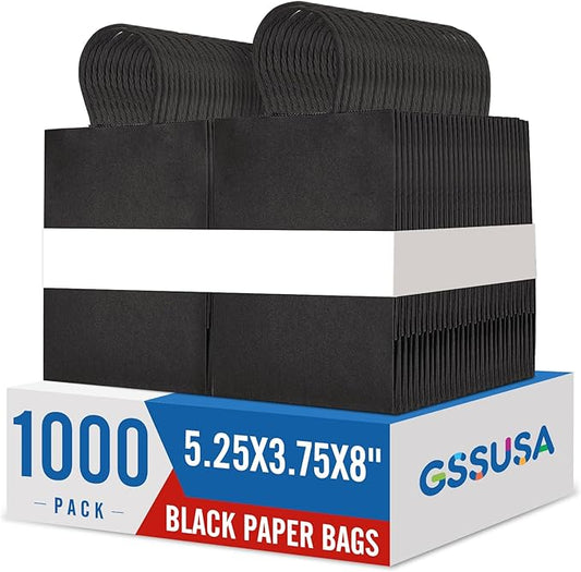 GSSUSA Black Gift Bags 5.25x3.75x8 1000Pcs, Paper Bags with Handles Bulk for Small Business