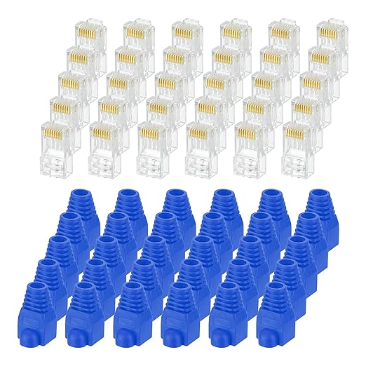 MECCANIXITY 30pcs Cat6 RJ45 Pass Through Connectors, RJ45 Connector 8P8C Gold Plated Plugs with 30pcs Blue Strain Relief Boots for Solid or Stranded UTP Ethernet Cable, 1.1mm