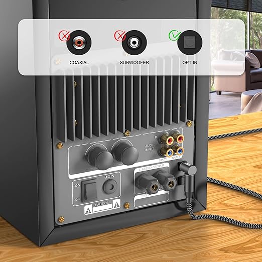 EMK 90 Degree Right Angle Optical Audio Cable [20ft/6M] - 360° Rotatable Digital Toslink SPDIF Cable for Soundbar to TV, Home Theater - Black Fiber Optic Cable with Angled Connector