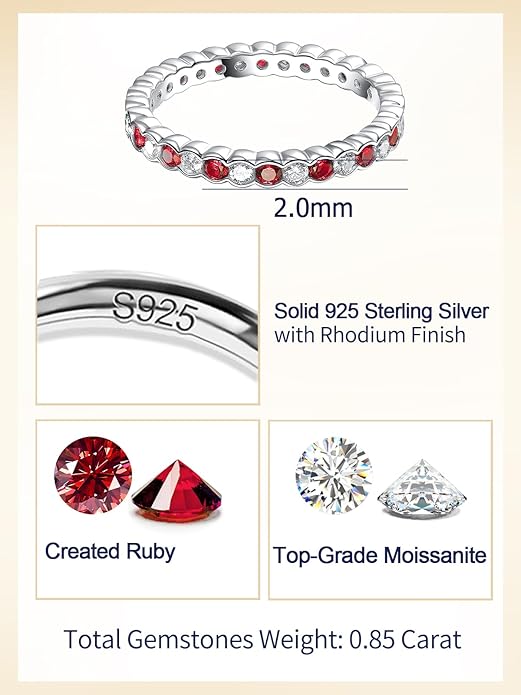 D Color VVS1 Clarity Moissanite Hand Setting Eternity Rings for Women, Solid 925 Sterling Silver Rhodium Finish, Stackable Ring, Wedding Birthday Valentines Anniversary Mothers Day Ideal Gift for Her