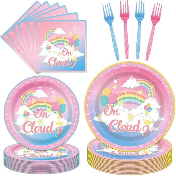 96PCS On Cloud 9 Plates and Napkins Party Supplies On Cloud 9 Birthday Decorations for Girls 9th Birthday Cloud 9 Themed Disposable Tableware Set Serve 24 Guests