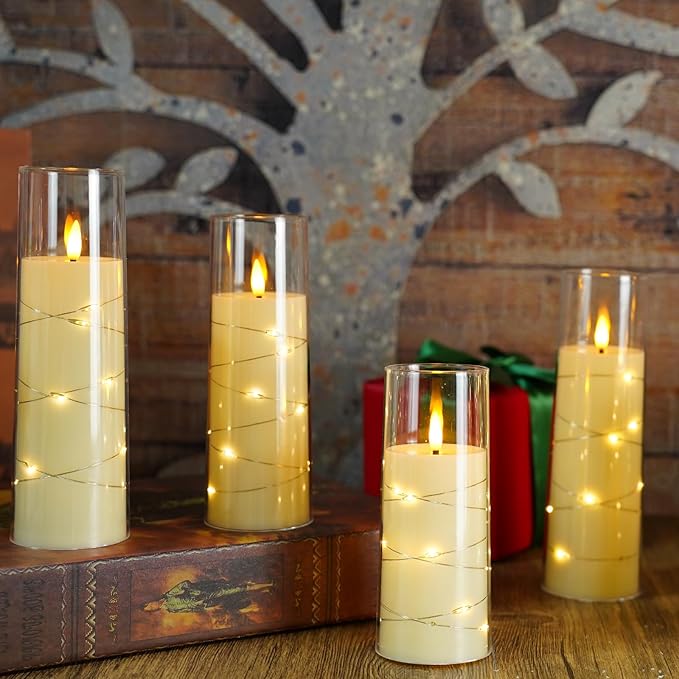 Flameless Candles with Embedded Star String, Battery Operated LED Pillar Candles with Timer and Remote Control,Home Decorating for Ambiance， Set of 7(Ivory)