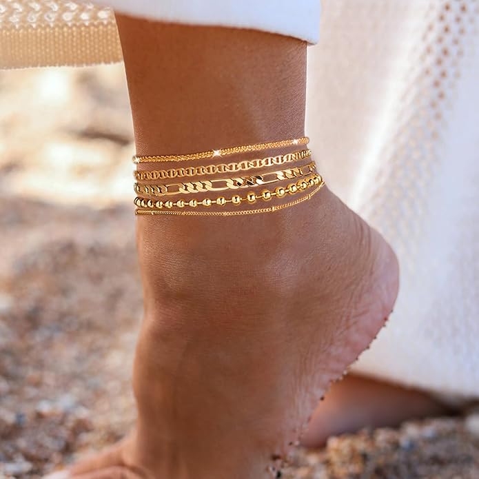 Gold Ankle Bracelets for Women,14k Gold Plated Anklets Waterproof Cuban Link Tennis Herringbone Beaded Chain Anklets Set Layered Anklet Bracelets for Women Adjustable Summer Beach Jewelry 5pcs