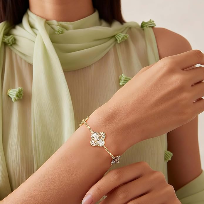 FETERO Gold Bracelets for Women Trendy, Dainty 14K Gold Plated Charm Clover Bracelet 2 Sided Lucky Pendant Cute Pearl Beaded Bracelets Link Chain Waterproof Womens Jewelry Gifts