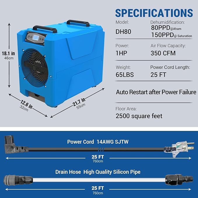 MOUNTO Commercial Dehumidifier, 150 Pint High-Capacity, Includes Pump Drain Hose for Water Damage Restoration, Ideal for Basements, Warehouses & Job Sites