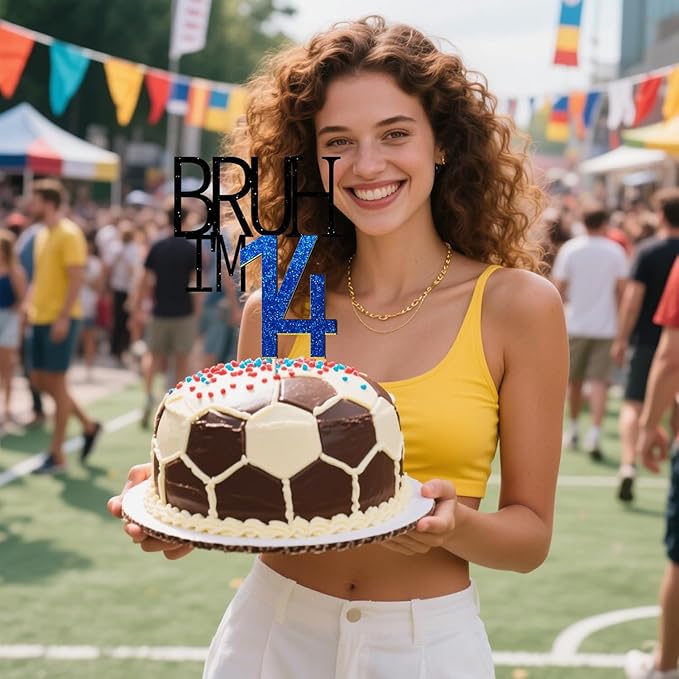 Bruh I'm 14 Cake Topper - Bro I'm 14, Happy Sweet 14 Ornament for Boys' 14th Birthday Party Supplies (blue 14)
