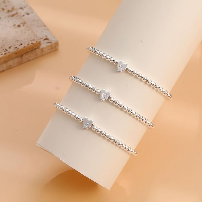 Valentines Day Gifts for Women Her - Dainty Beaded Heart Initial Bracelets Letter A-Z Charm Stretch Bead Ball Bracelet Trendy Jewelry Gifts